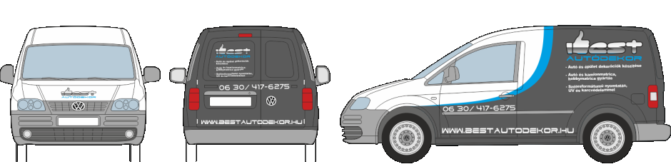 Autódekoráció VolksWagen Caddy vágott autómatrica, oldószeresen nyomtatott logóval, félig befóliázva, fényes fekete autódekorációs fóliával.