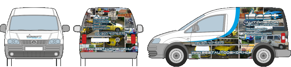 Autódekoráció VolksWagen Caddy vágott autómatrica, oldószeresen nyomtatott logóval, félig befóliázva fényes oldószeresen nyomtatott autódekorációs fóliával.