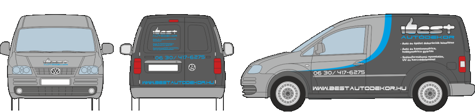 Autódekoráció VolksWagen Caddy vágott autómatrica, oldószeresen nyomtatott logóval, teljesen befóliázva, két féle autódekorációs fóliával. 