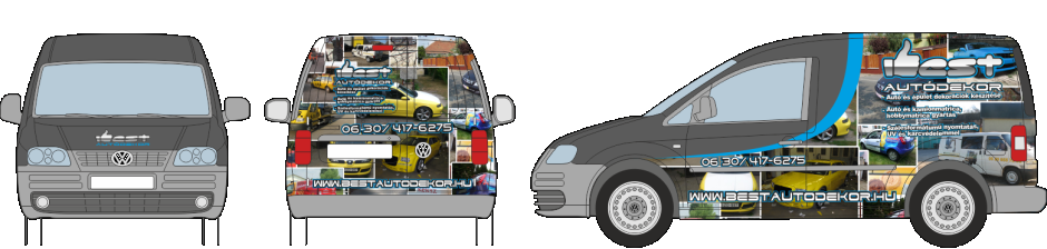 Autódekoráció VolksWagen Caddy vágott autómatrica, oldószeresen nyomtatott logóval, félig befóliázva fényes oldószeresen nyomtatott autódekorációs fóliával, félig pedig egyszínű autófóliával bevonva.