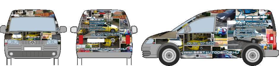 Autódekoráció VolksWagen Caddy vágott autómatrica, oldószeresen nyomtatott logóval, teljesen befóliázva fényes oldószeresen nyomtatott autódekorációs fóliával.