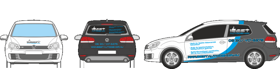 Autódekoráció VolksWagen Golf VI. vágott autómatrica, oldószeresen nyomtatott logóval, félig befóliázva, fényes fekete autódekorációs fóliával.