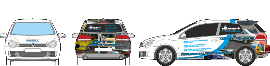 Autódekoráció VolksWagen Golf VI. vágott autómatrica, oldószeresen nyomtatott logóval, félig befóliázva fényes oldószeresen nyomtatott autódekorációs fóliával.