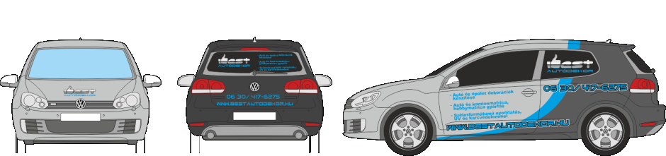 Autódekoráció VolksWagen Golf VI. vágott autómatrica, oldószeresen nyomtatott logóval, teljesen befóliázva, két féle autódekorációs fóliával.