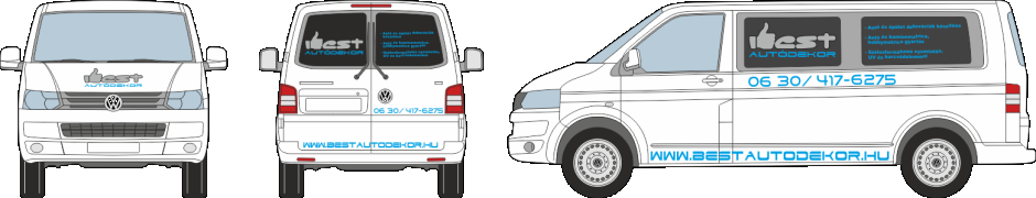 Autódekoráció VolksWagen Transporter T5 vágott autómatrica, oldószeresen nyomtatott logóval. 