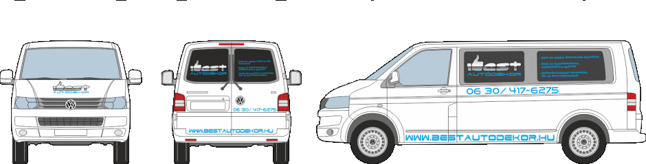 Autódekoráció VolksWagen Transporter T5 vágott autómatrica, oldószeresen nyomtatott logóval. 