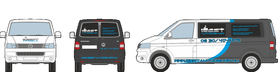Autódekoráció VolksWagen Transporter T5 vágott autómatrica, oldószeresen nyomtatott logóval, félig befóliázva, fényes fekete autódekorációs fóliával. 