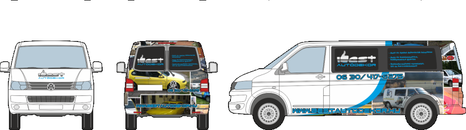 Autódekoráció VolksWagen Transporter T5 vágott autómatrica, oldószeresen nyomtatott logóval, félig befóliázva fényes oldószeresen nyomtatott autódekorációs fóliával.