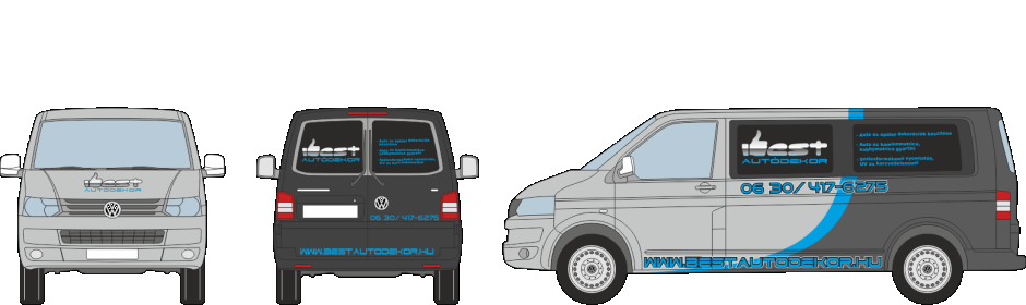 Autódekoráció VolksWagen Transporter T5 vágott autómatrica, oldószeresen nyomtatott logóval, teljesen befóliázva, két féle autódekorációs fóliával. 