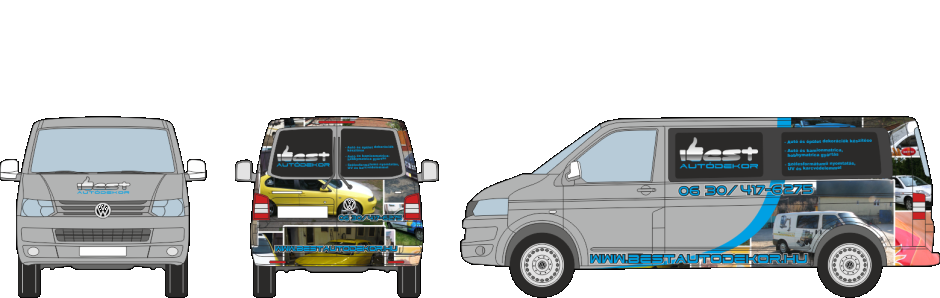 Autódekoráció VolksWagen Transporter T5 vágott autómatrica, oldószeresen nyomtatott logóval, félig befóliázva fényes oldószeresen nyomtatott autódekorációs fóliával, félig pedig egyszínű autófóliával bevonva.