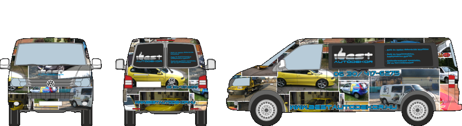 Autódekoráció VolksWagen Transporter T5 vágott autómatrica, oldószeresen nyomtatott logóval,teljesen befóliázva fényes oldószeresen nyomtatott autódekorációs fóliával.